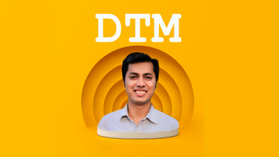 Image showing Arpit Agarwal against a yellow background with “DTM” text and concentric circular design, highlighting a podcast or media-style visual identity