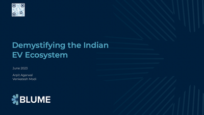 Slide titled ‘Demystifying the Indian EV Ecosystem,’ describing a presentation cover including June 2023 and author names Arpit Agarwal and Venkatesh Modi with Blume branding, highlighting an EV-focused report introduction