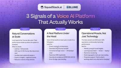 Slide titled ‘3 Signals of a Voice AI Platform That Actually Works,’ describing three sections including natural conversations at scale, a real platform under the hood with ASR and orchestration, and operational muscle beyond technology, with SquadStack.ai and Blume branding visible, highlighting evaluation criteria.