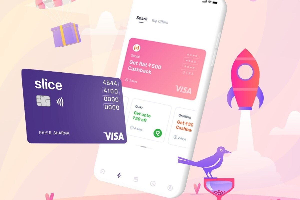 Image showing a phone interface with a card labeled slice and visual elements including a rocket and bird.