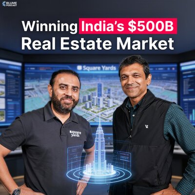 Slide showing Blume Podcast with text Winning India's $500B Real Estate Market with Karthik Reddy and Tanuj Shori co-founder and CEO of Square Yards