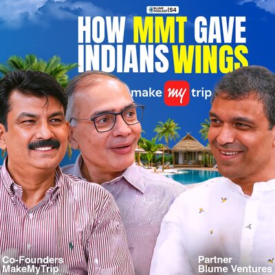 Slide showing Blume Podcast S4, text How MMT Gave Indians Wings, featuring Deep Kalra and Rajesh Magow, co-founders MakeMyTrip, with Karthik Reddy